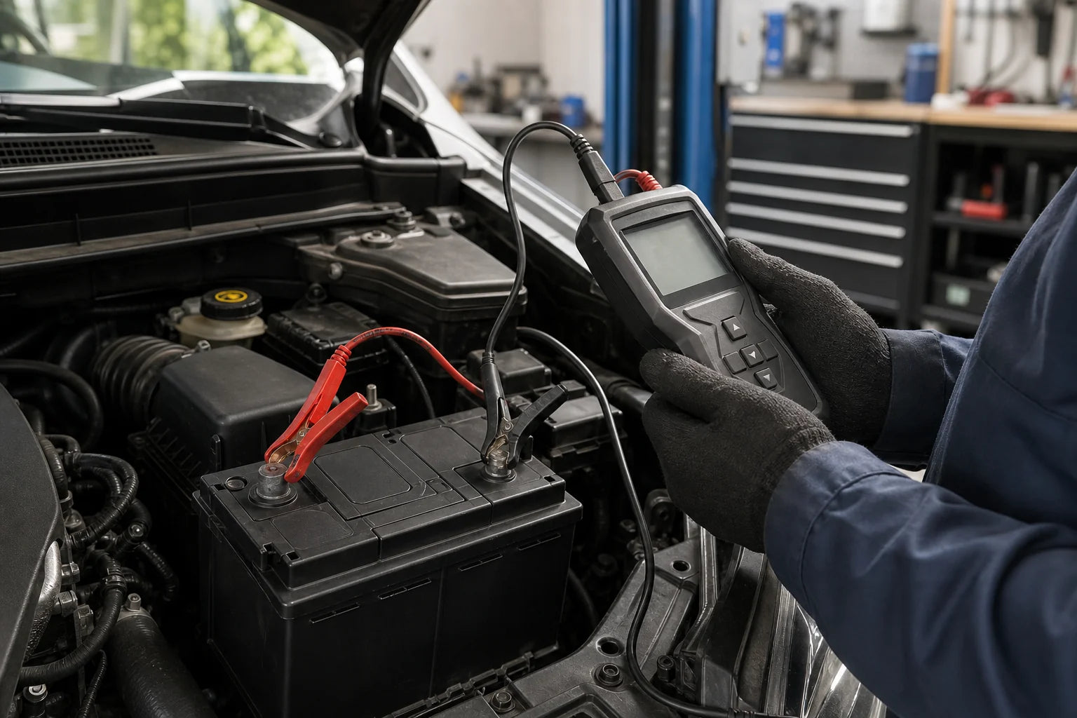 Technician testing a modern AGM or EFB car battery with a digital tester