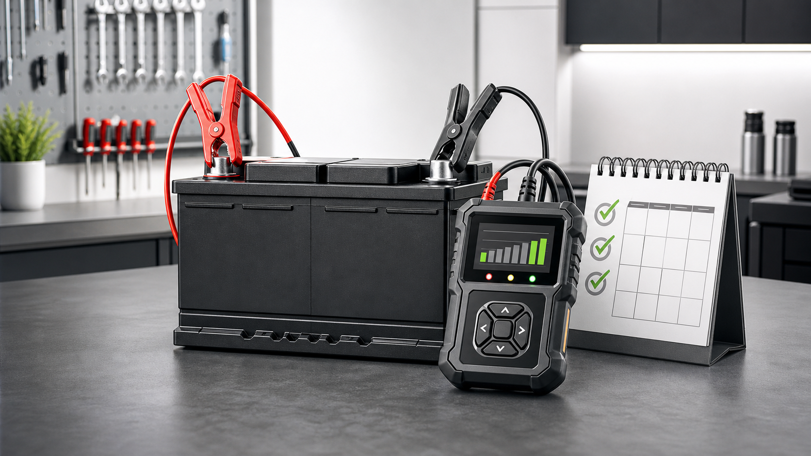 Car battery tester and maintenance checklist on a clean garage workbench