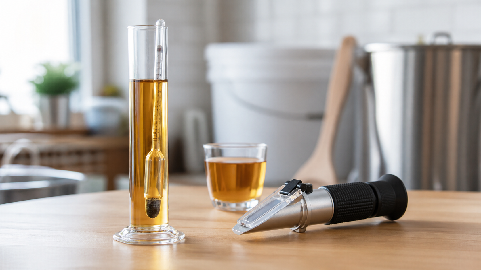 Photorealistic hydrometer and refractometer comparison on a home brewing workbench