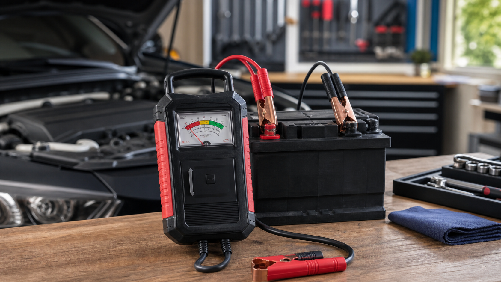 Photorealistic car battery tester connected to a 12V battery in a garage workshop
