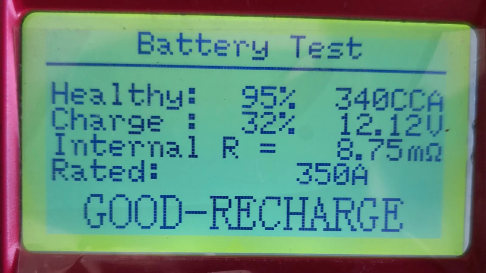 Car battery tester showing a good recharge result
