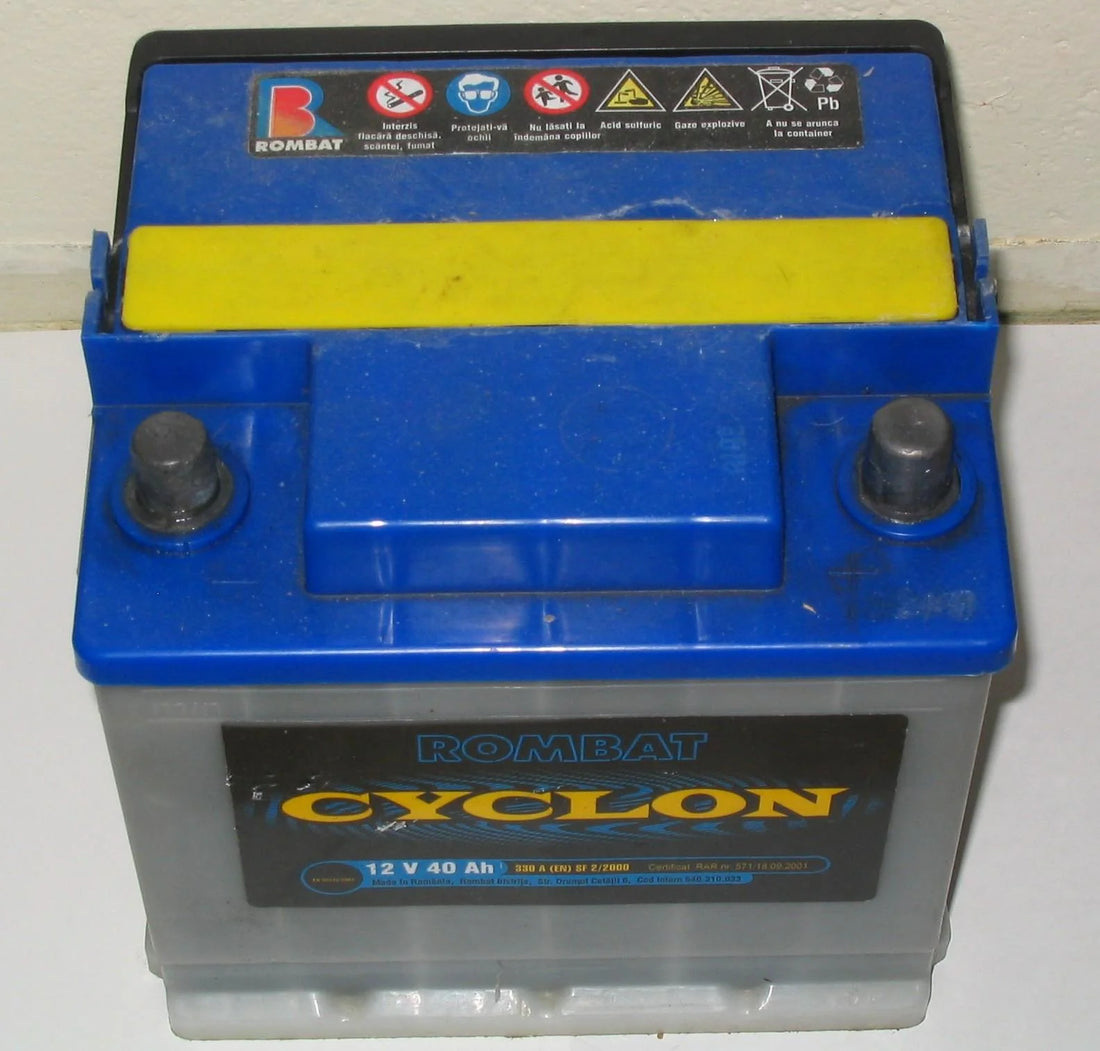 12V lead-acid car battery prepared for voltage and load testing