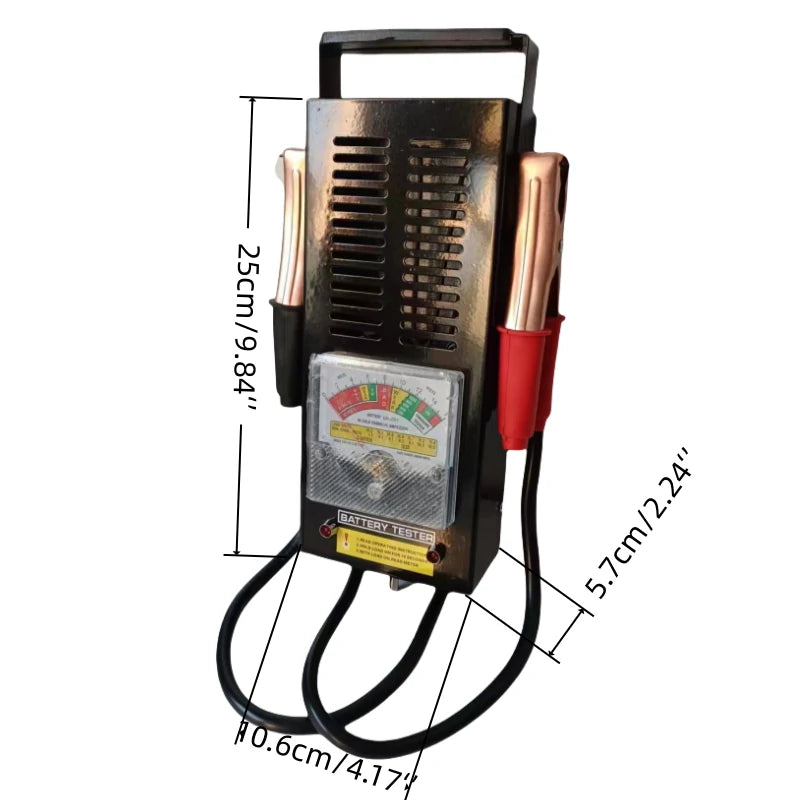 100A Analog Battery Load Tester rear view showing Battery Analysis guide and Temperature Compensation table