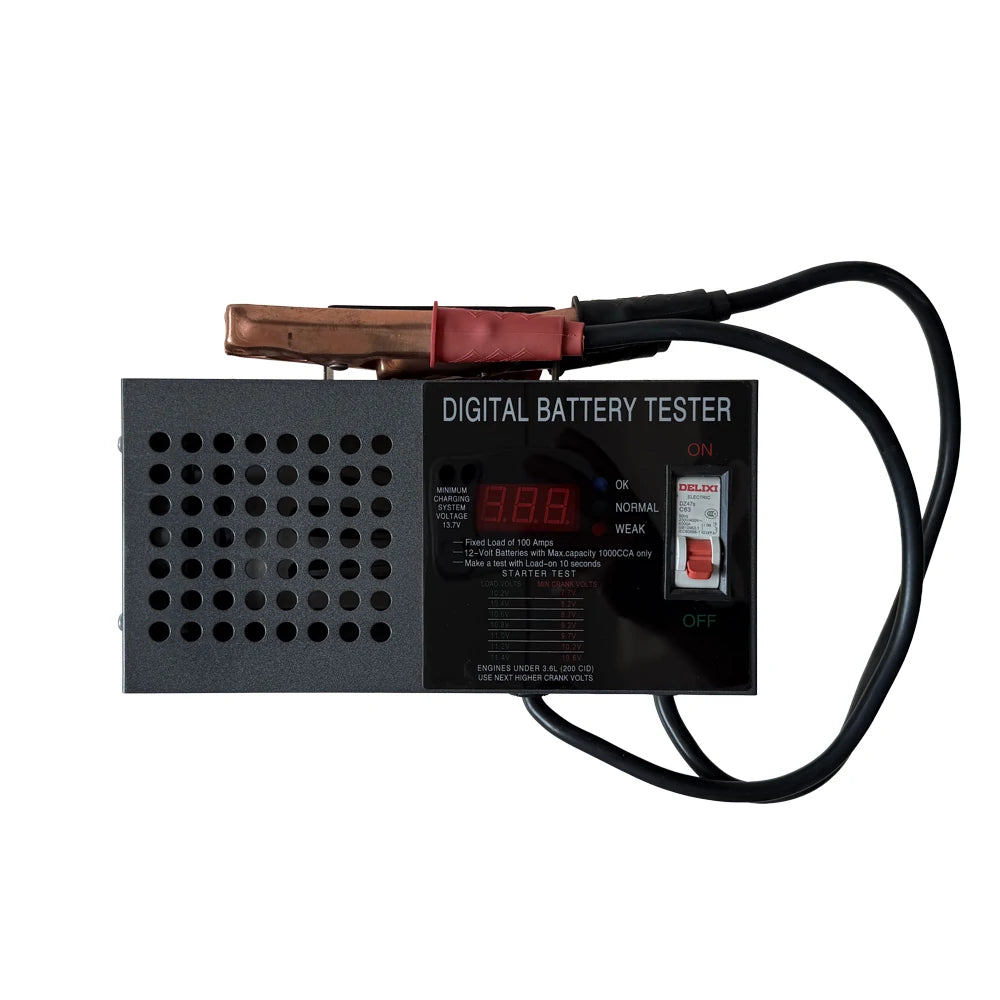 100A Digital Battery Load Tester box-type front view with LED display and Delixi breaker switch