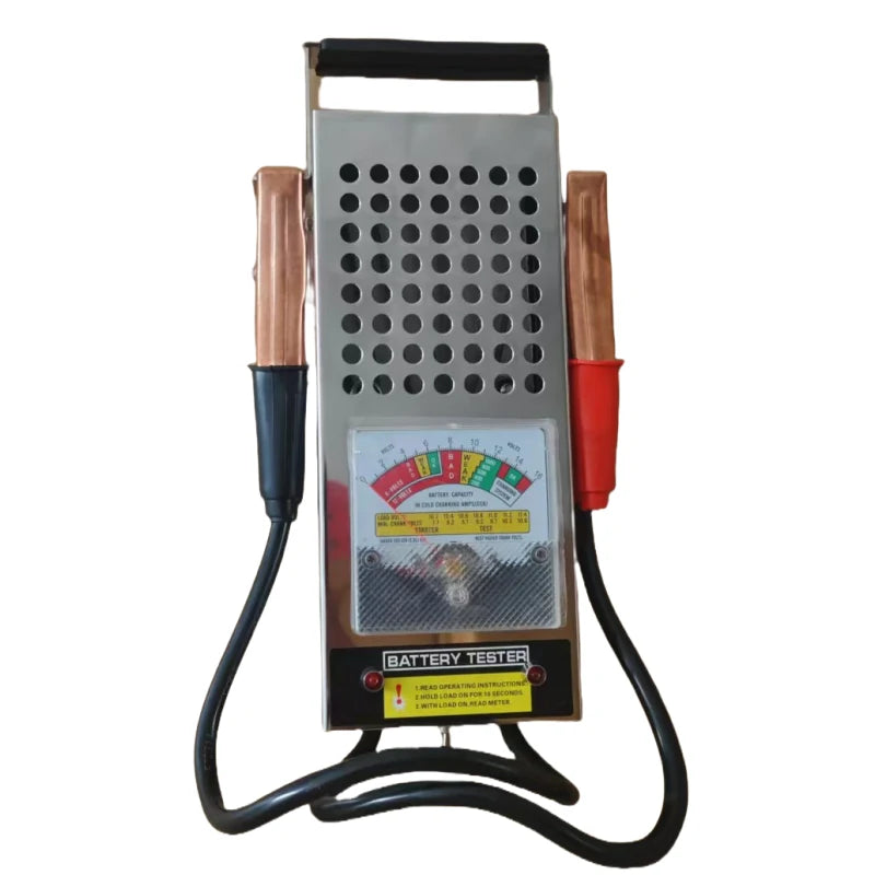 200A Battery Load Tester side view showing copper clamps and stainless steel housing