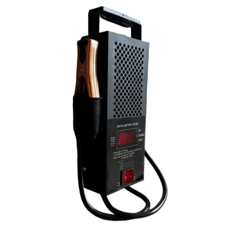 Digital Battery Tester side view with clamps