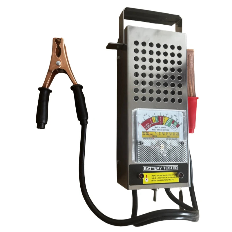 Battery Tester rear panel showing Battery Analysis guide and Temperature Compensation table