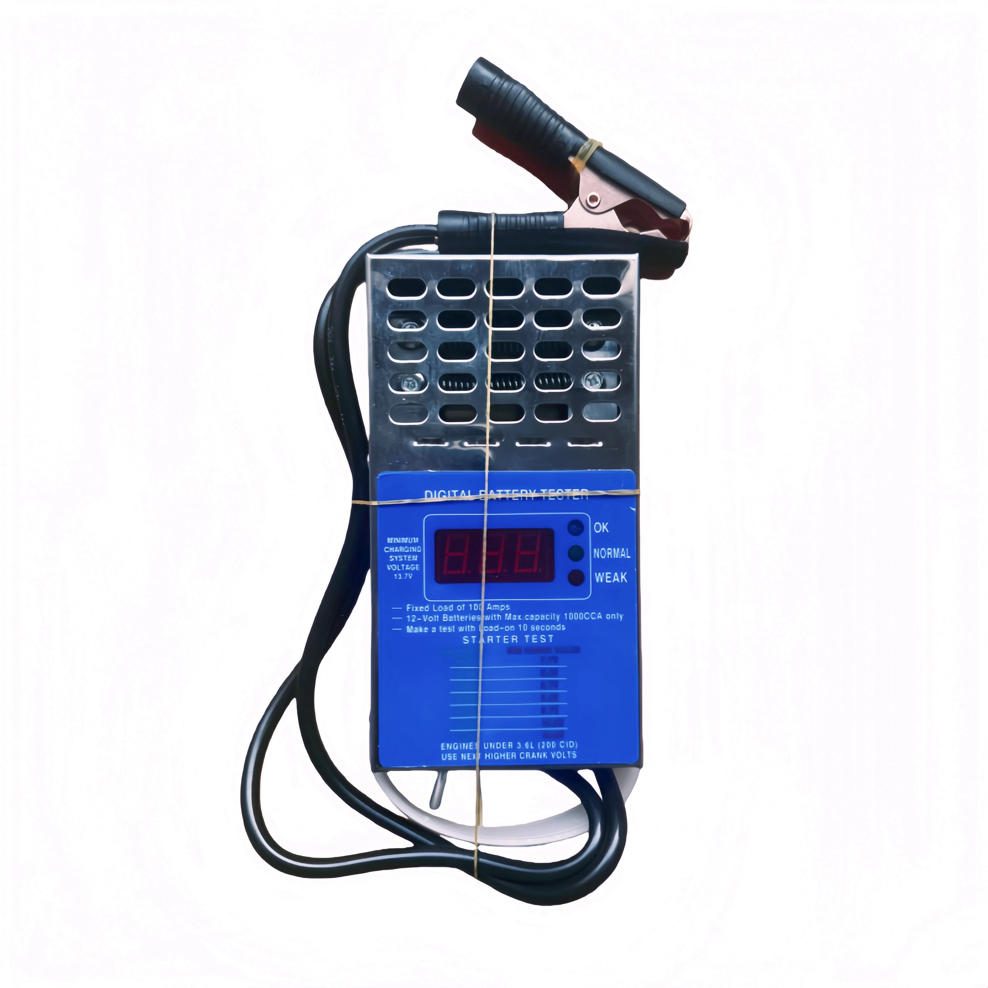 100A Digital Battery Load Tester blue panel front view with red LED display and OK/Normal/Weak status LEDs