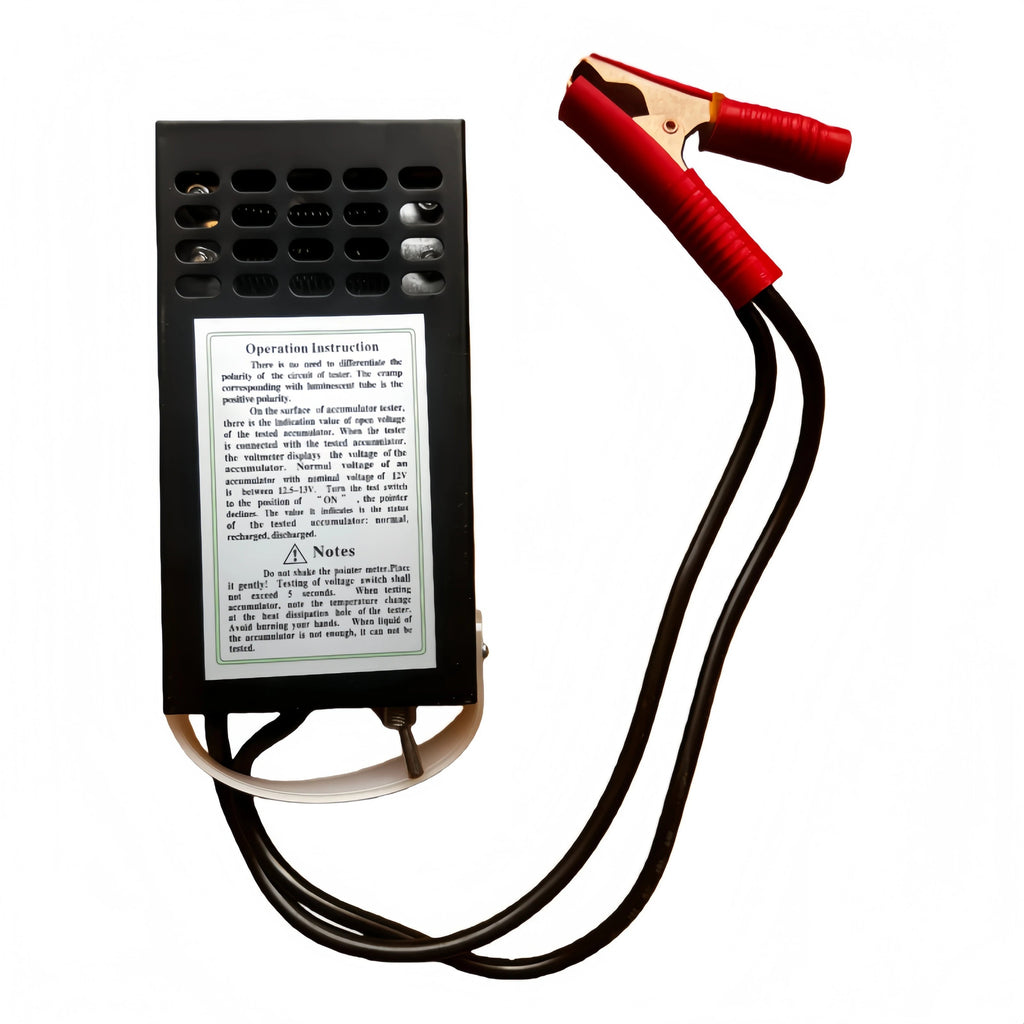 100A Digital Battery Tester rear view showing Operation Instruction panel and safety notes