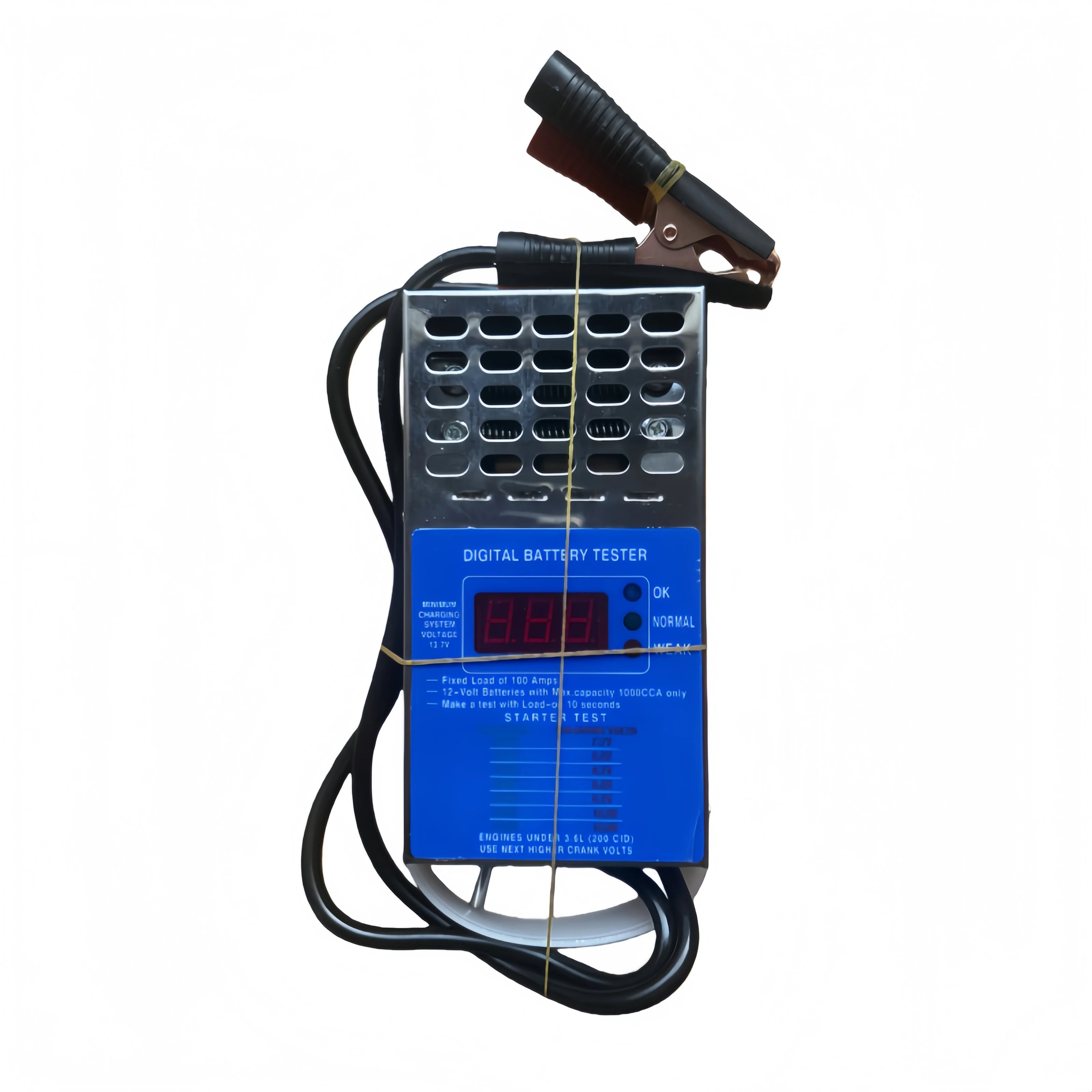 100A Digital Battery Load Tester angled view showing stainless steel louvered housing
