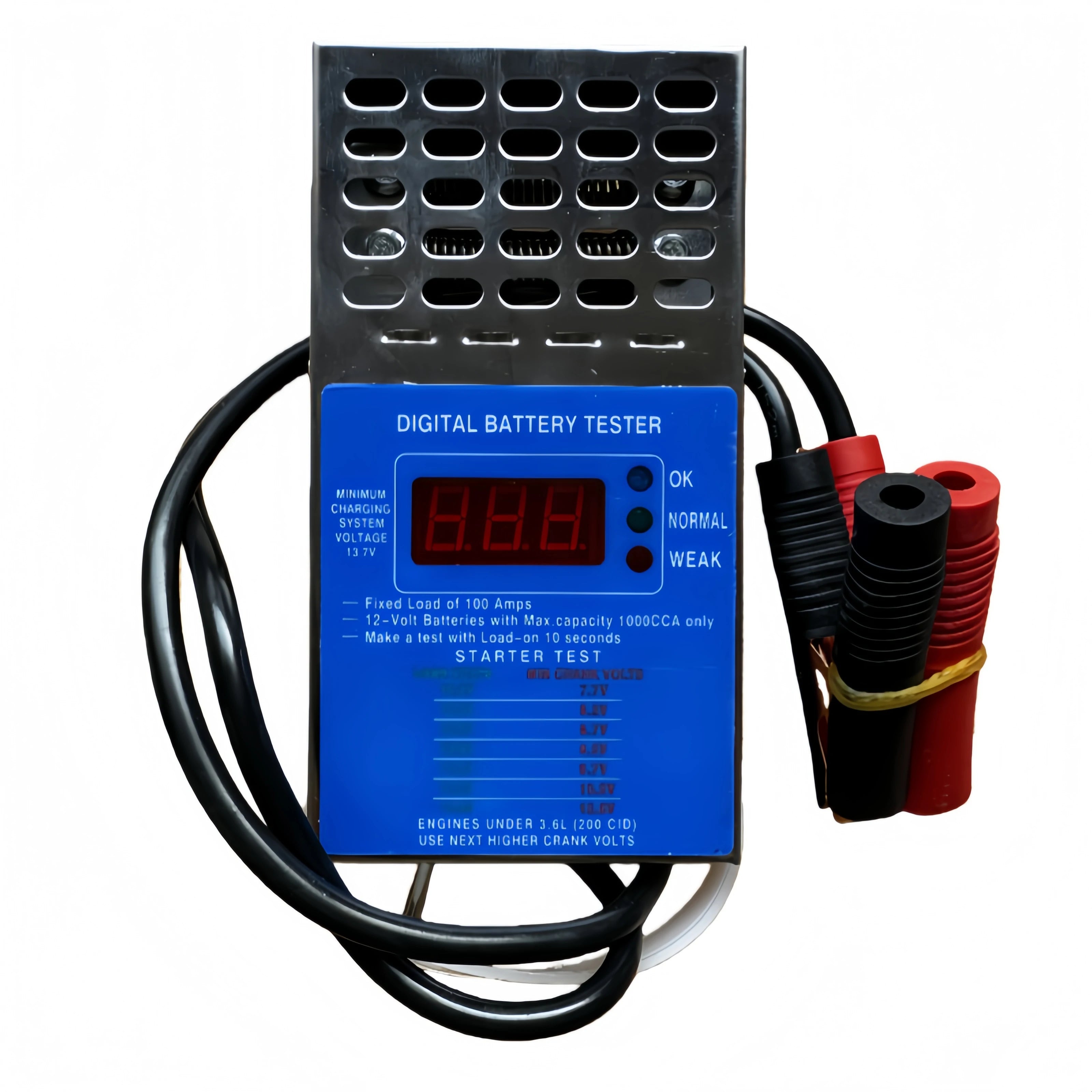 100A Digital Battery Tester front view showing Starter Test chart and 1000 CCA capacity reference