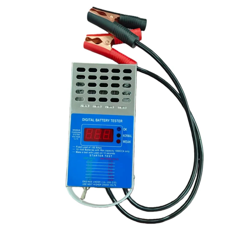 100A Digital Battery Load Tester side view with copper alligator clamps and flexible cable