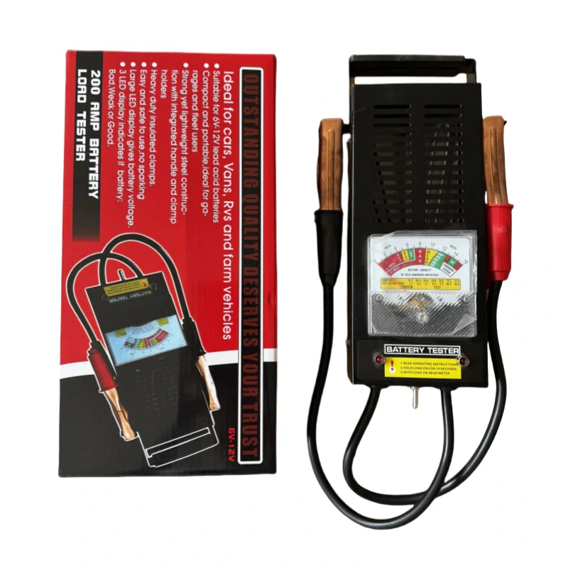 100A Battery Load Tester front view with color-coded analog dial and toggle switch