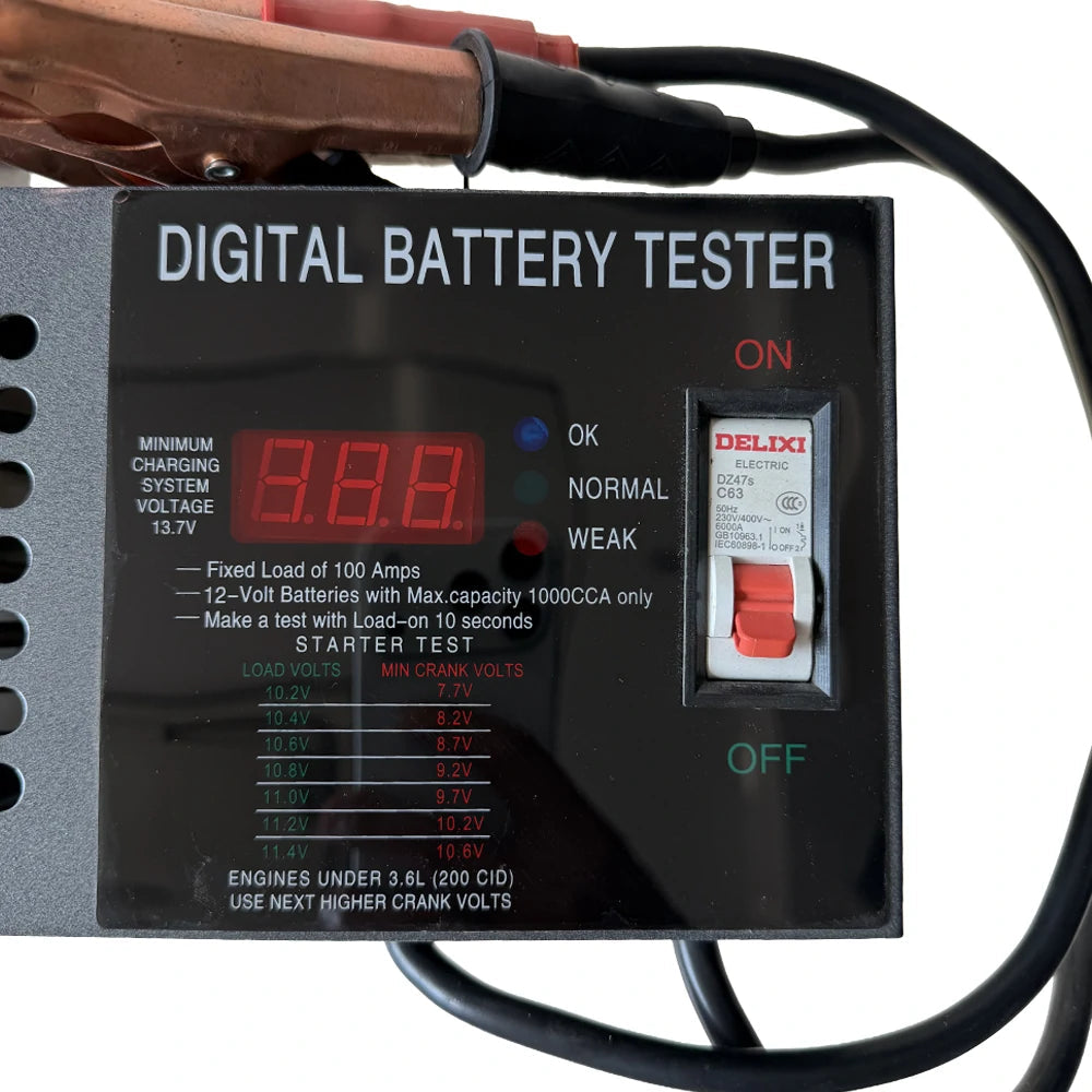 100A Battery Load Tester bottom view with carry handle and rubber feet