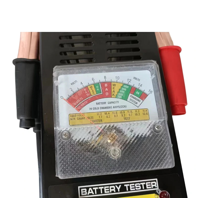 100A Analog Battery Tester front view with copper clamps and louvered steel housing