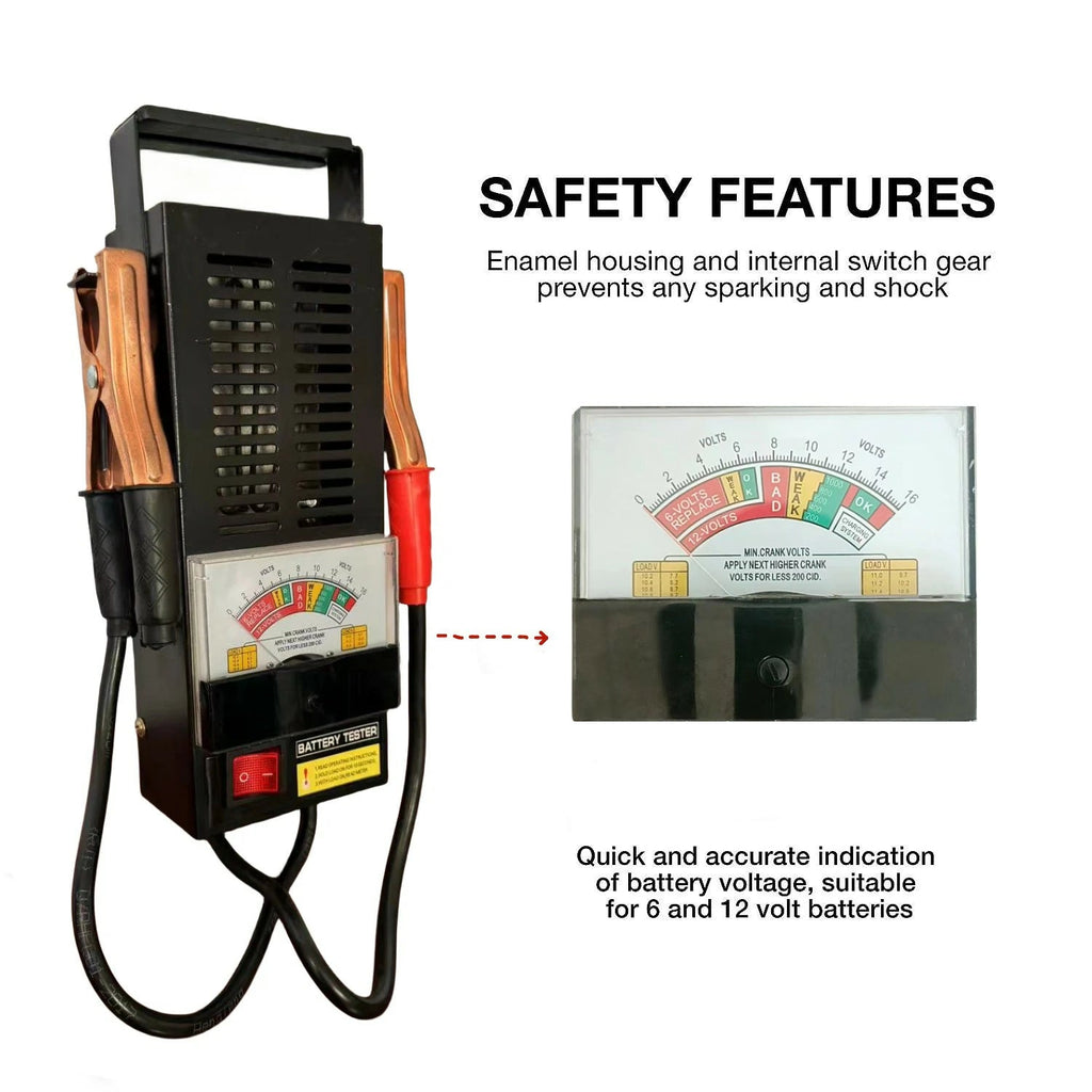 200A Battery Tester safety features - enamel housing prevents sparking